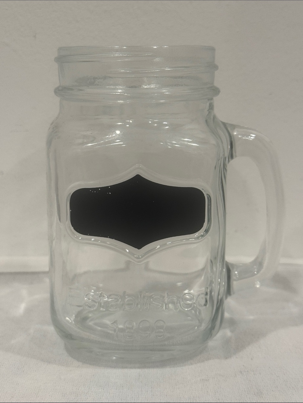 Vtg Yorkshire Glass Mason Jar W/Handle Est. 1898-Blk Logo-5.5"T-GUC